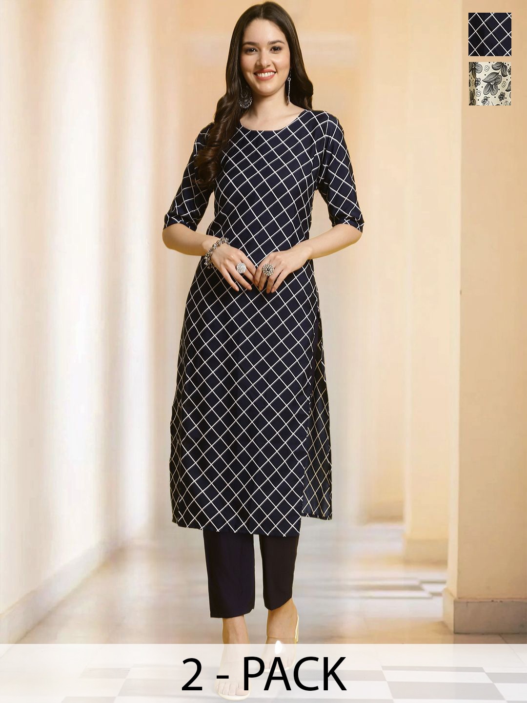 

7Threads Selection Of 2 Checked Round Neck Straight Kurtas With Trousers, Navy blue