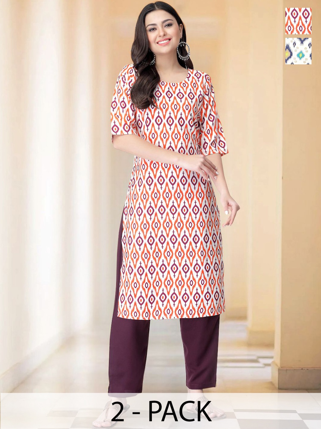 

7Threads Selection Of 2 Ethnic Motifs Printed Round Neck Straight Kurta With Trousers, White