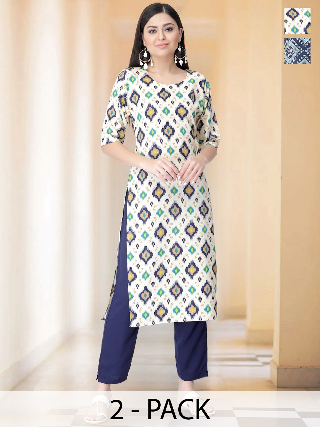 

7Threads Selection Of 2 Ethnic Motifs Printed Round Neck Straight Kurtas With Trousers, White
