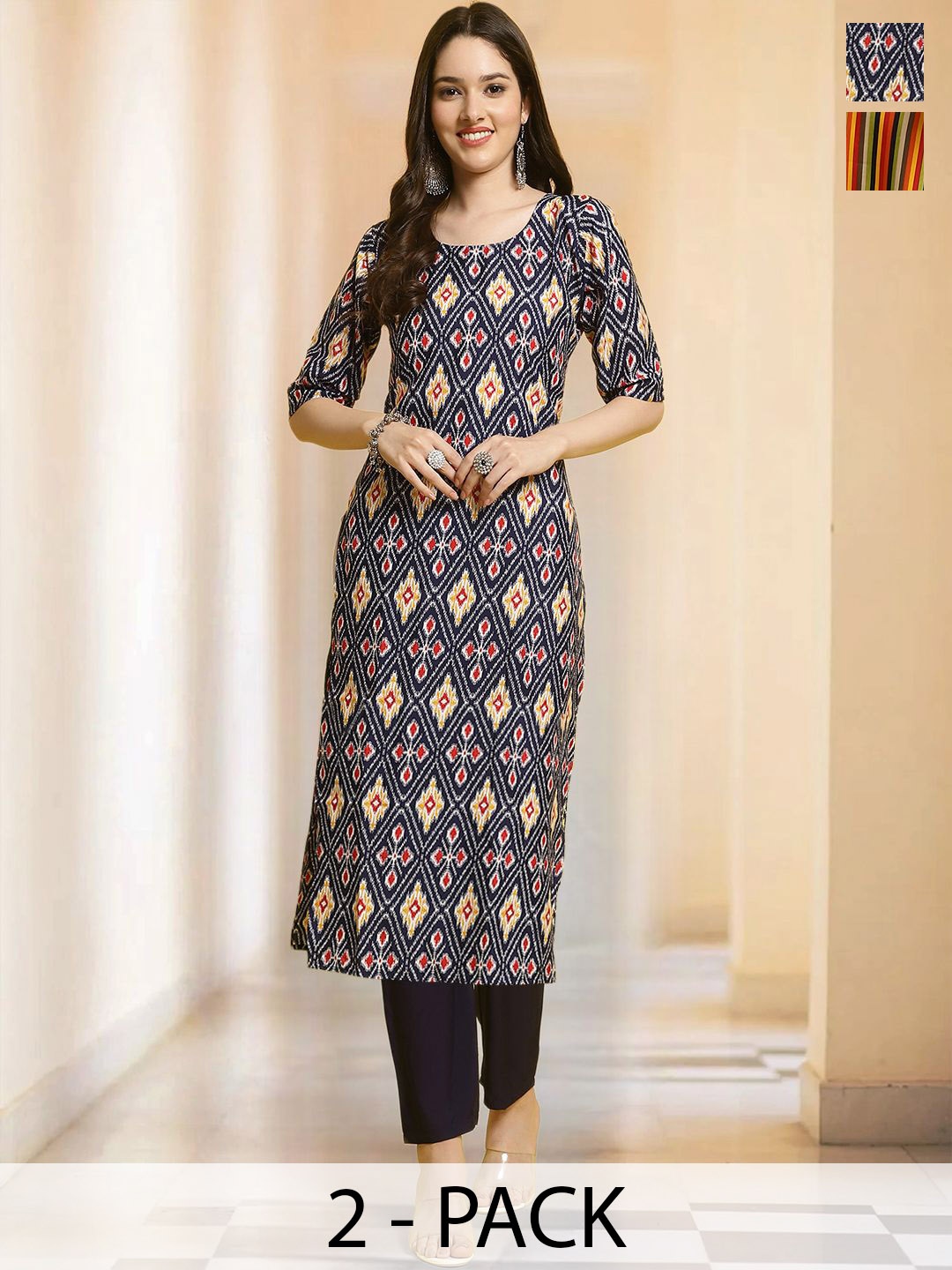 

7Threads Selection Of 2 Ethnic Motifs Printed Round Neck Straight Kurta with Trousers, Navy blue