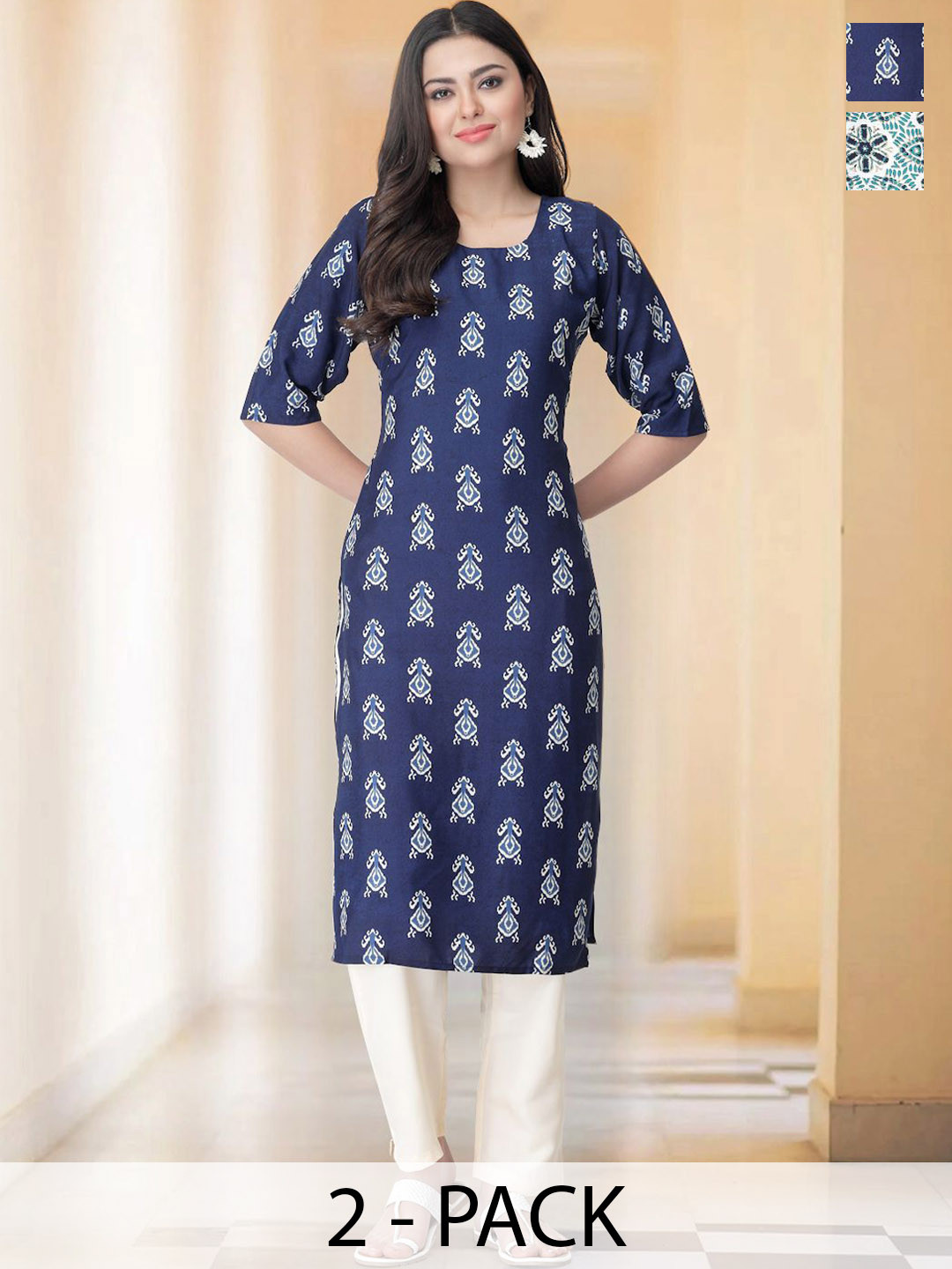 

7Threads Selection Of 2 Geometric Printed Round Neck Straight Kurtas With Trousers, Navy blue