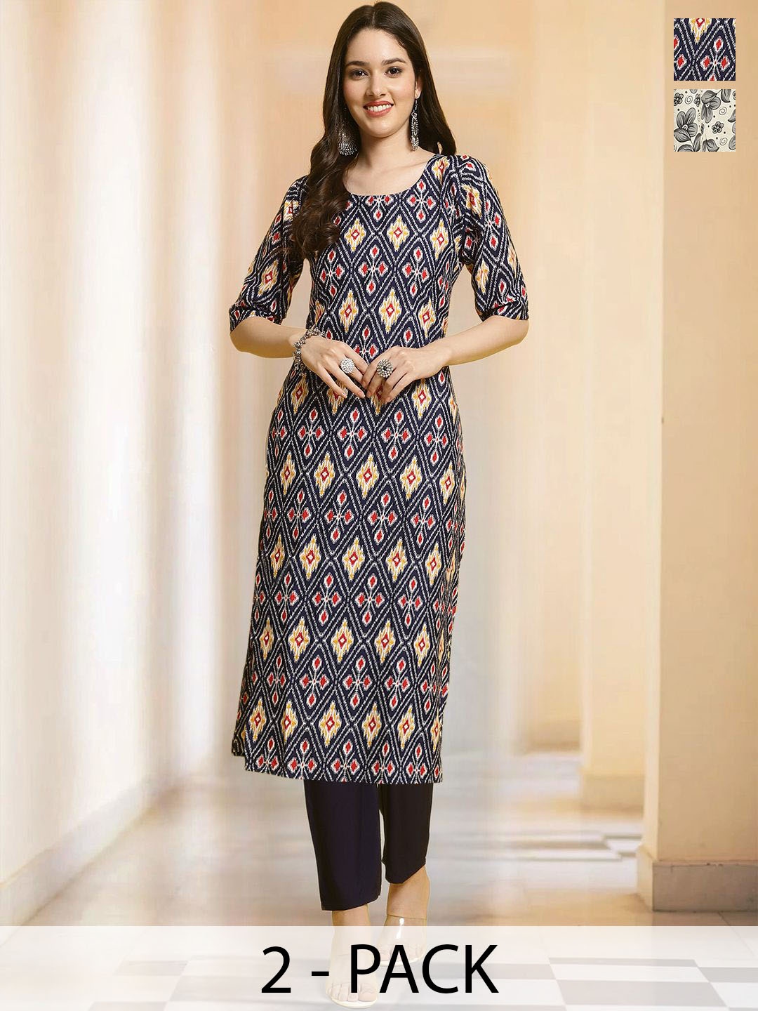 

7Threads Selection Of 2 Geometric Printed Round Neck Straight Kurta With Trousers, Black