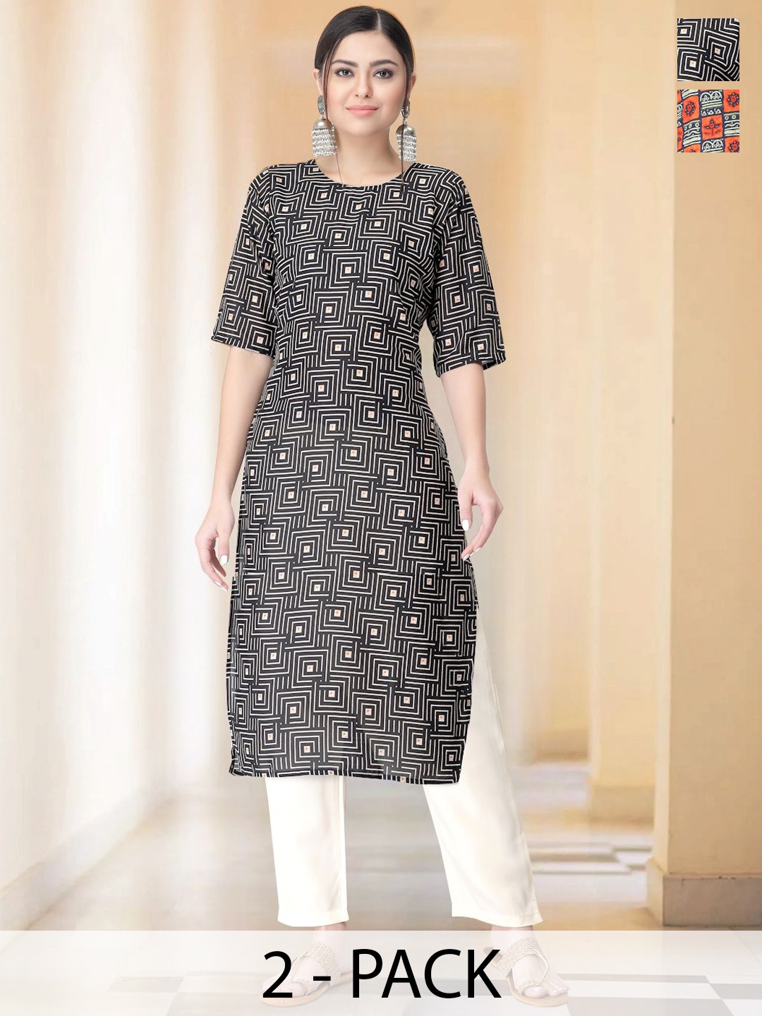 

7Threads Selection of 2 Geometric Printed Round Neck Straight Kurtas With Trousers, Black