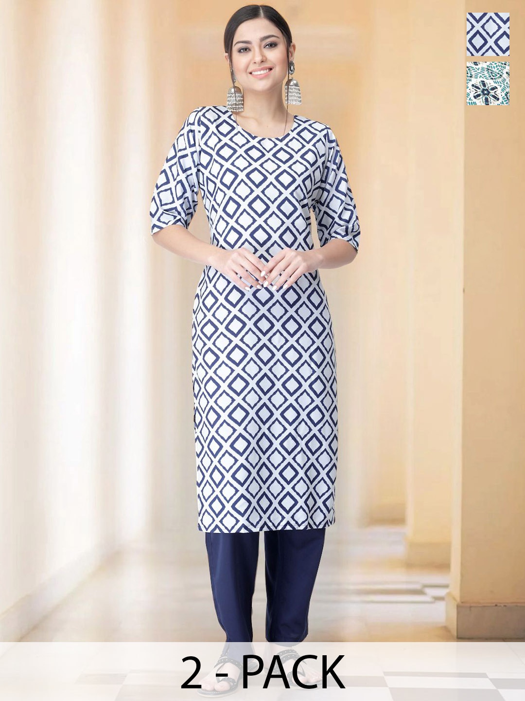 

7Threads Selection Of 2 Geometric Printed Round Neck Straight Kurta with Trousers, White