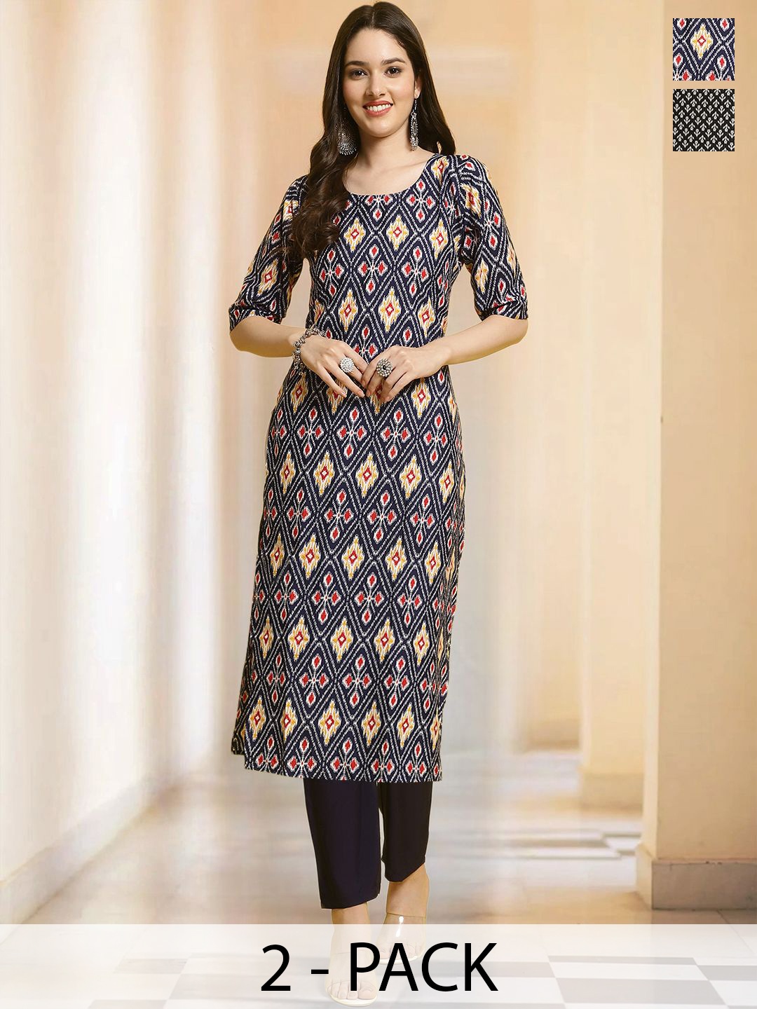 

7Threads Selection Of 2 Ethnic Motifs Printed Round Neck Straight Kurta With Trousers, Black