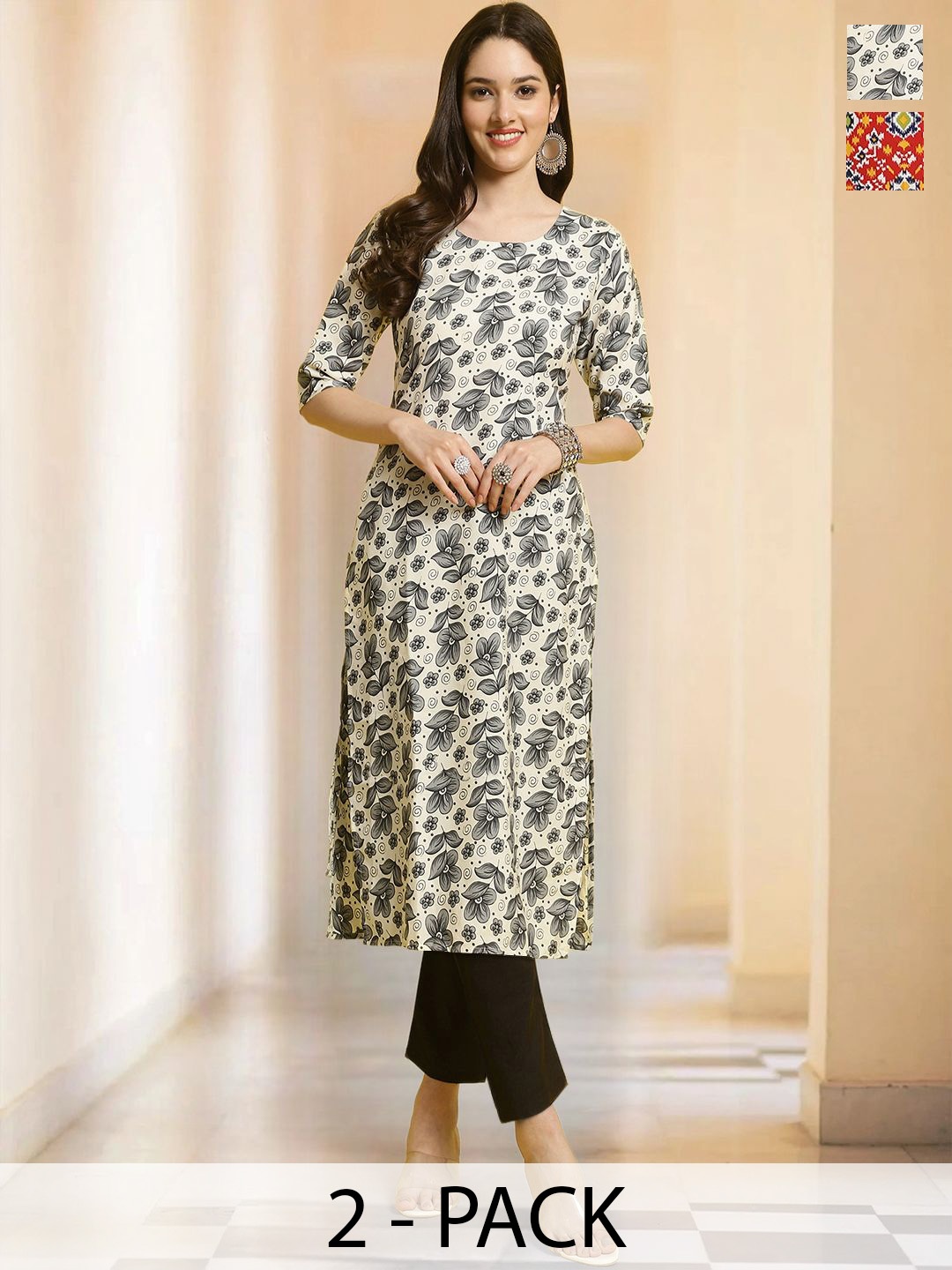 

7Threads Selection Of Floral Printed Round Neck Straight Kurtas With Trousers, Beige