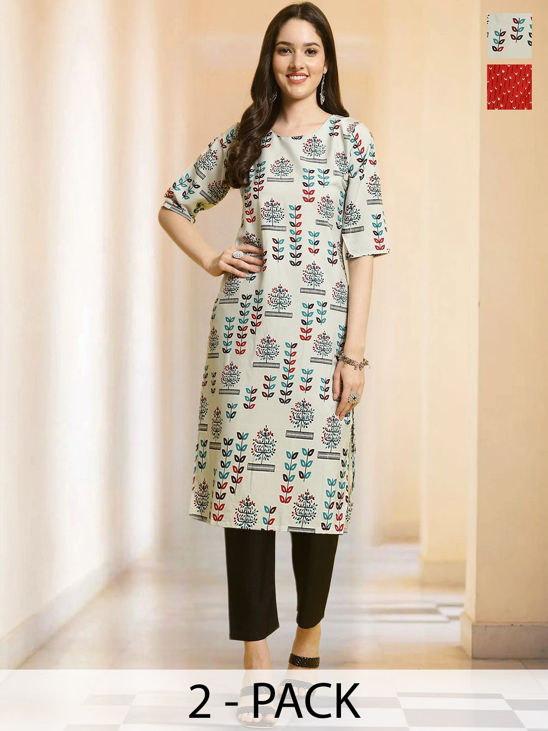 

7Threads Selection Of 2 Floral Printed Round Neck Straight Kurta With Trousers, Red