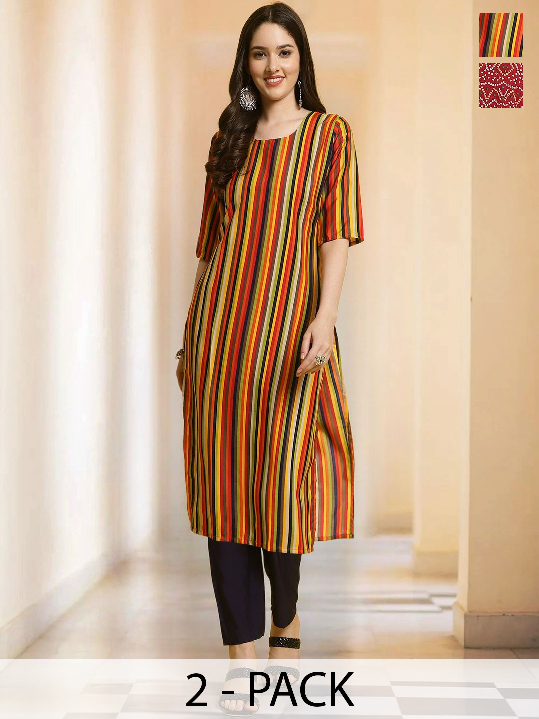 

7Threads Selection Of 2 Striped Round Neck Straight kurta With Trousers, Red