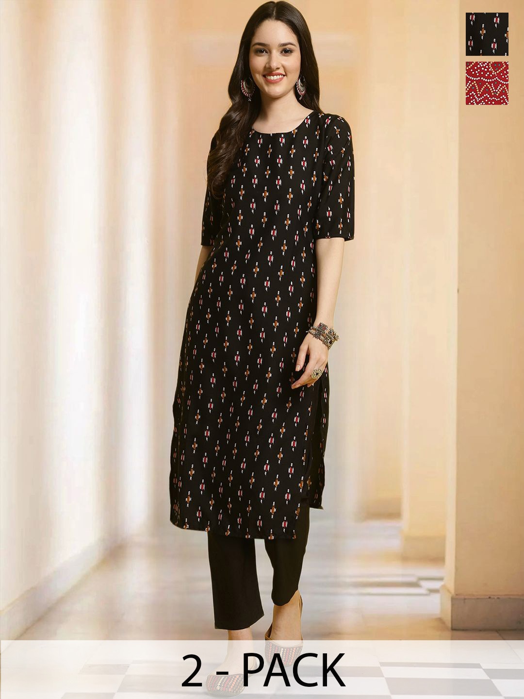 

7Threads Selection Of 2 Ethnic Motifs Printed Round Neck Straight Kurtas With Trousers, Red