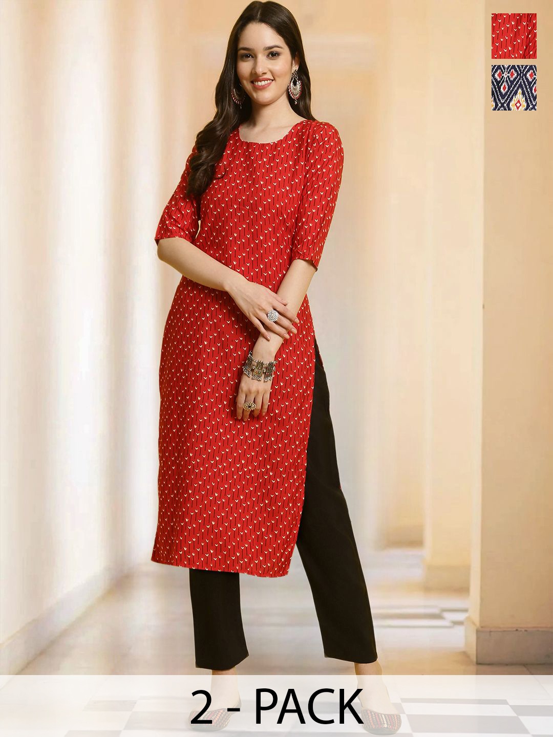 

7Threads Selection Of 2 Floral Printed Round Neck Straight Kurtas With Trousers, Red
