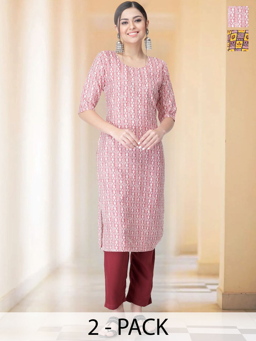 

7Threads Selection Of 2 Ethnic Motifs Printed Round Neck Straight Kurta With Trousers, Pink