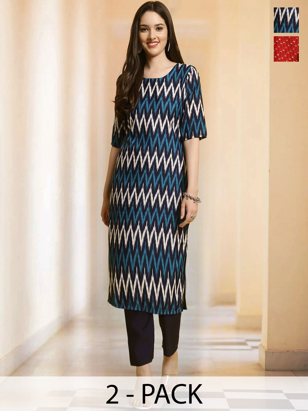 

7Threads Selection of 2 Chevron Printed Round Neck Straight Kurtas with Trousers, Blue