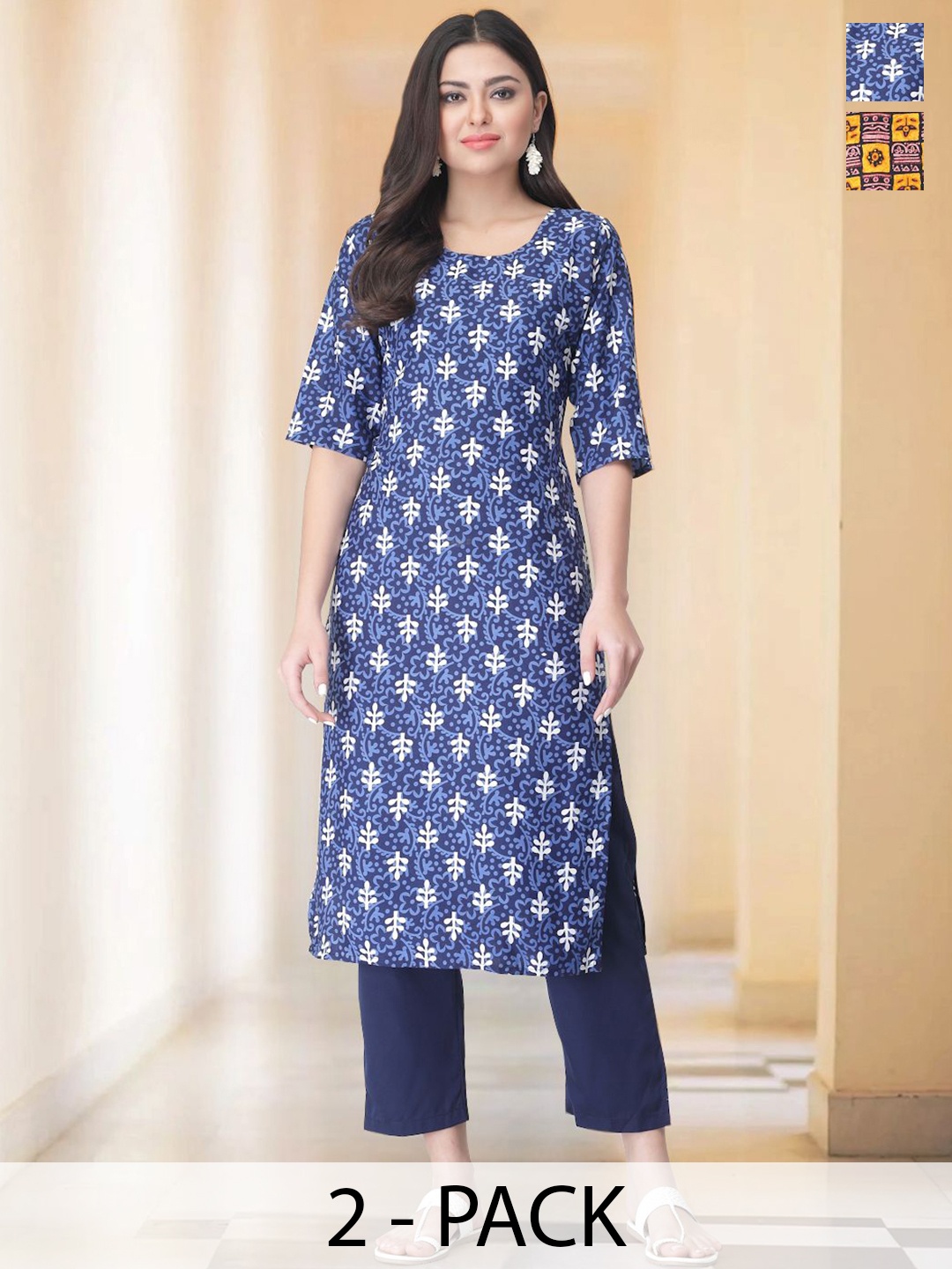 

7Threads Selection of 2 Floral Printed Round Neck Straight Kurtas With Trousers, Navy blue