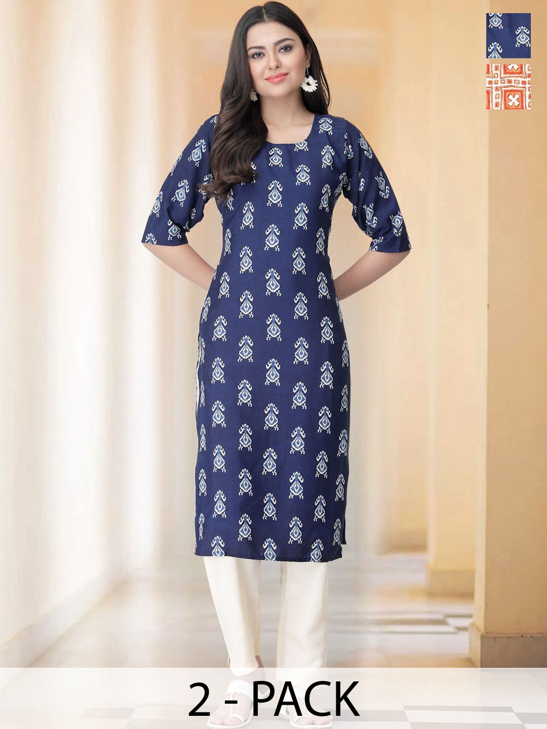 

7Threads Selection Of 2 Ethnic Motifs Printed Round Neck Straight Kurta with Trousers, Navy blue