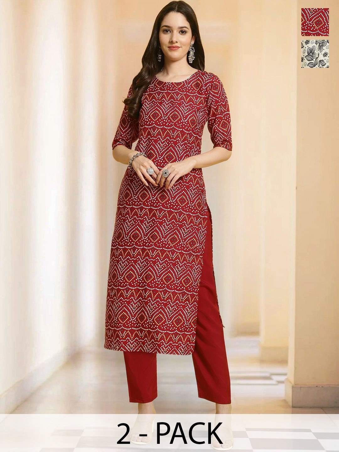 

7Threads Selection Of 2 Ethnic Motifs Printed Round Neck Straight kurta With Trousers, Red