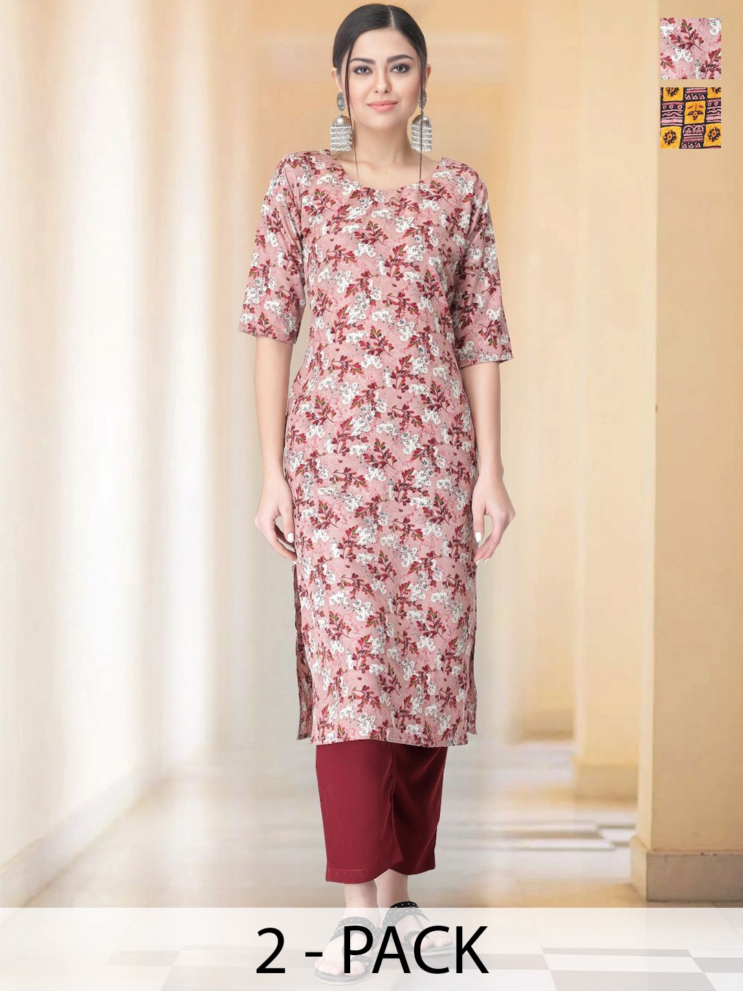 

7Threads Selection Of 2 Floral Printed Round Neck Straight Kurta with Trousers, Pink