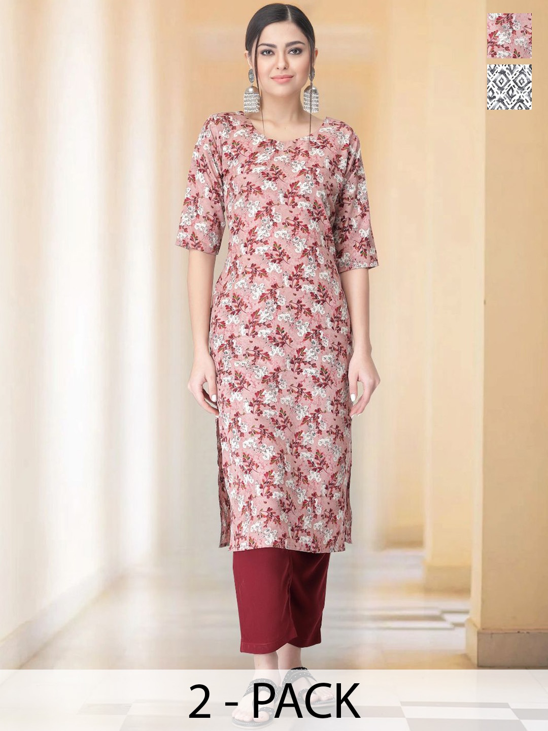 

7Threads Selection Of 2 Floral Printed Round Neck Straight Kurtas With Trousers, Red