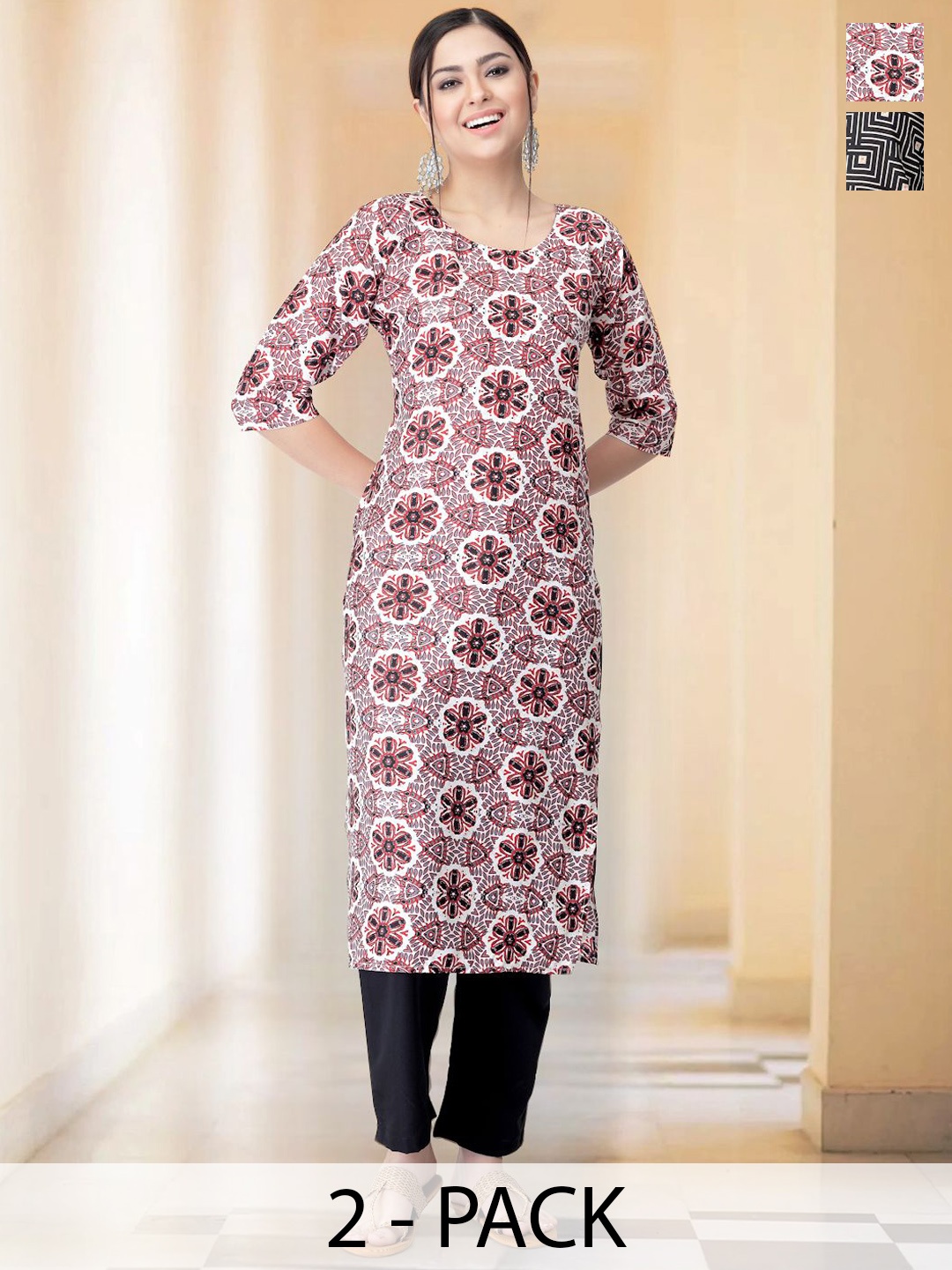 

7Threads Selection Of 2 Ethnic Motifs Printed Round Neck Straight Kurta With Trousers, White