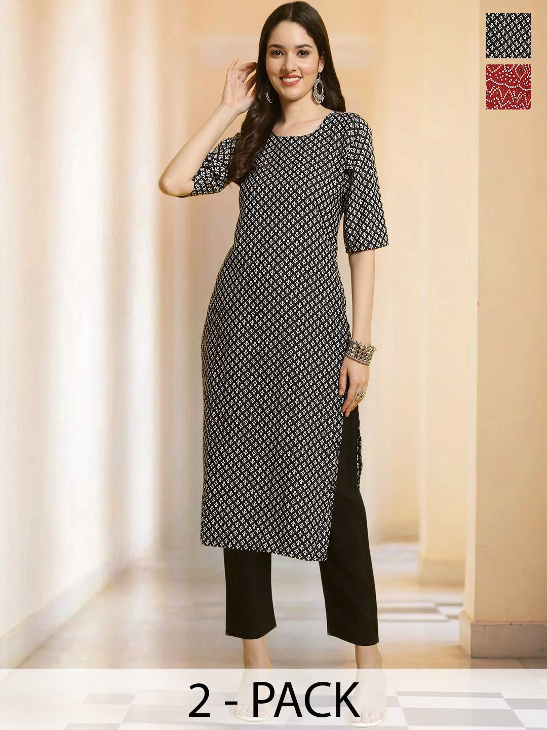 

7Threads Selection Of 2 Floral Printed Round Neck Straight kurta With Trousers, Black