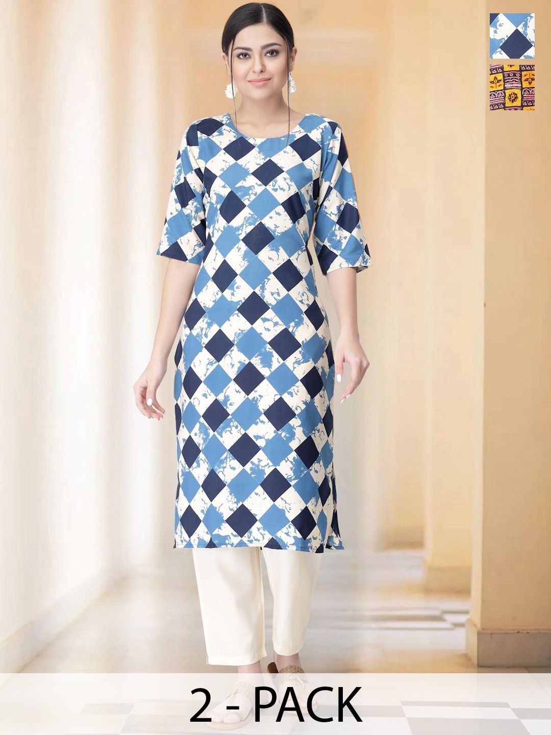 

7Threads Selection of 2 Geometric Printed Round Neck Straight Kurtas with Trousers, Navy blue