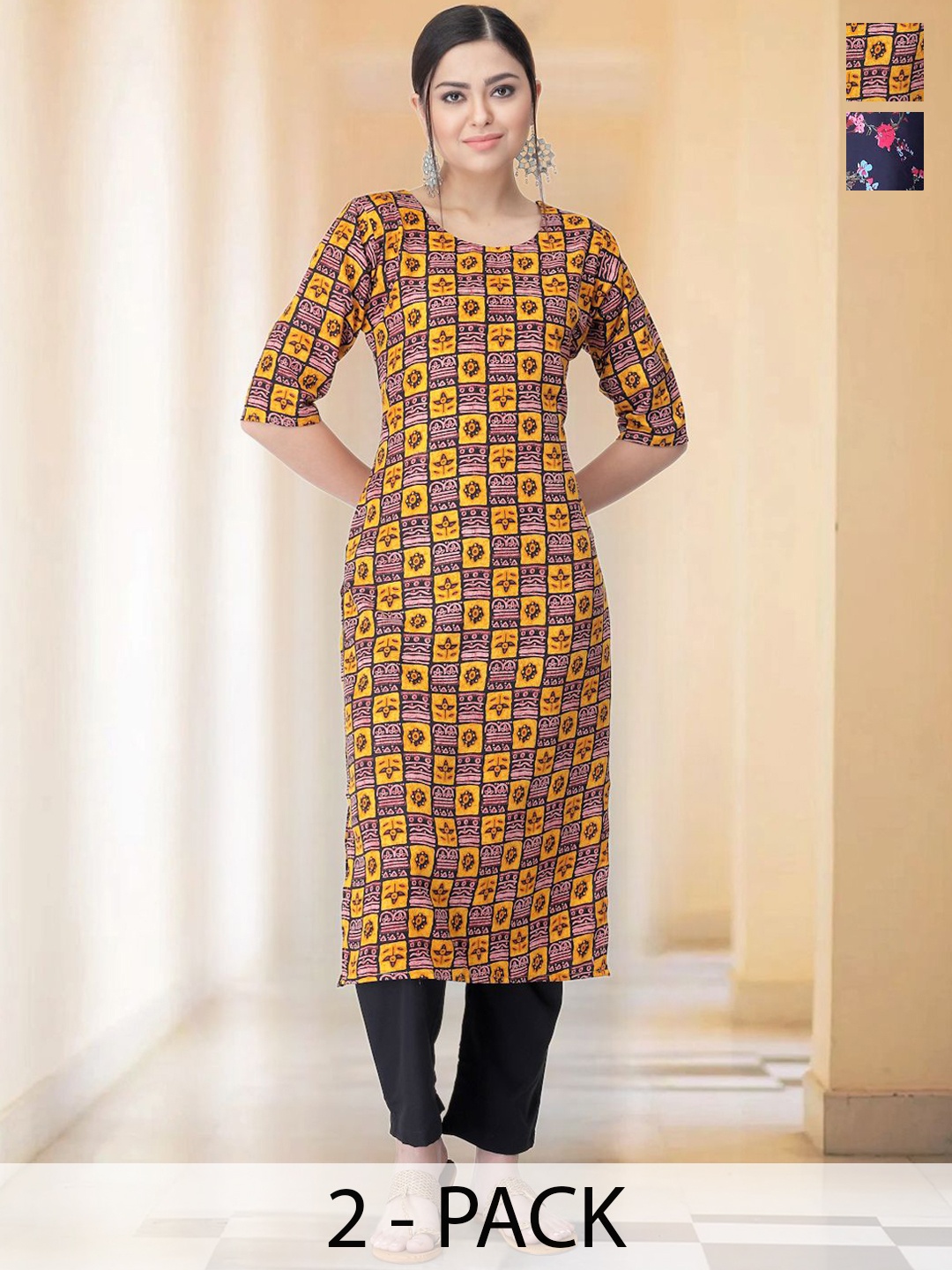 

7Threads Selection Of 2 Ethnic Motifs Printed Straight Kurtas With Trousers, Yellow