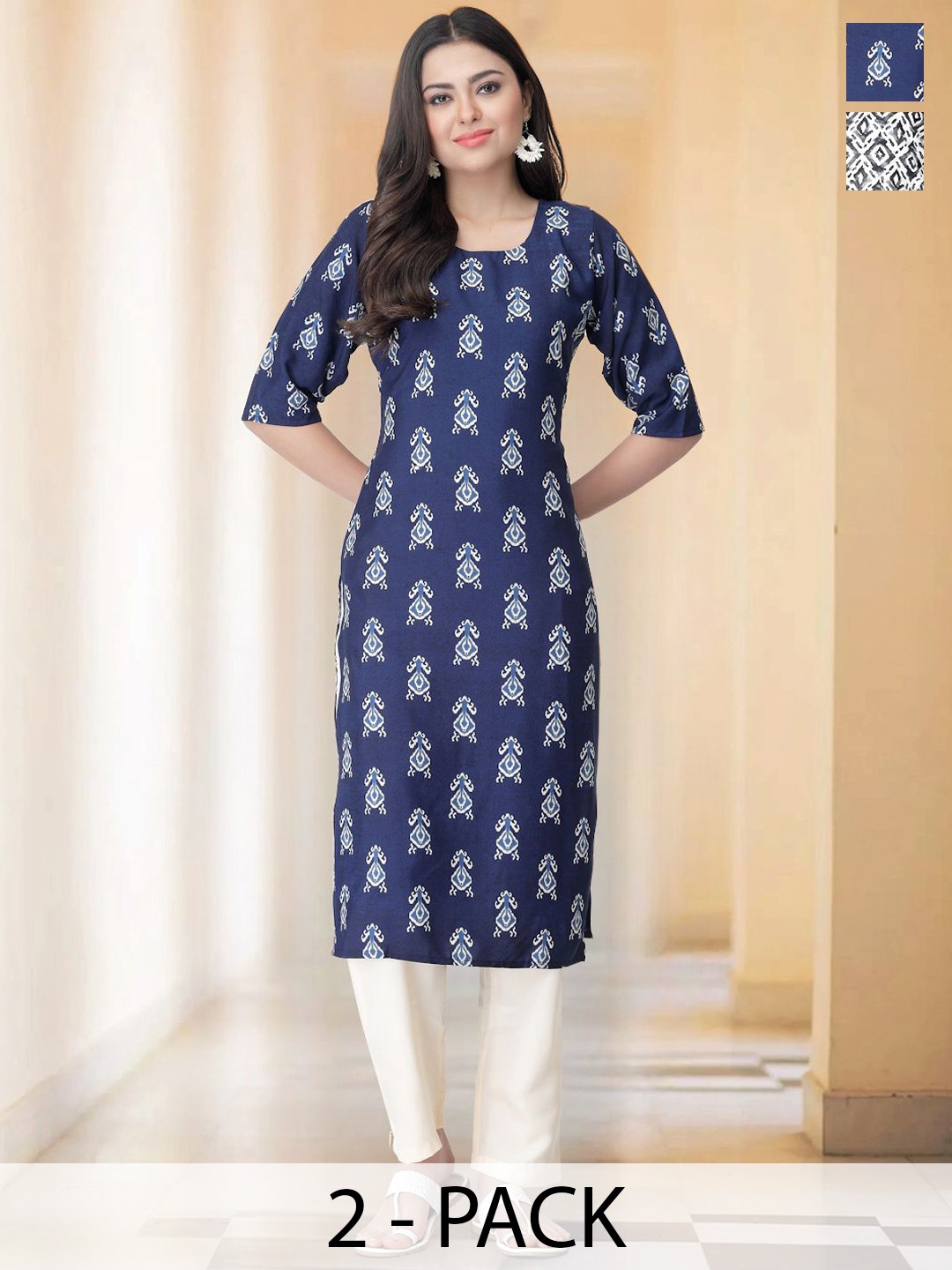 

7Threads Selection of 2 Ethnic Motifs Printed Round Neck Straight Kurtas with Trousers, Blue