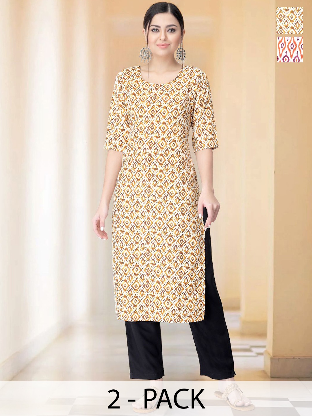 

7Threads Selection Of 2 Geometric Printed Round Neck Straight Kurtas With Trousers, Cream