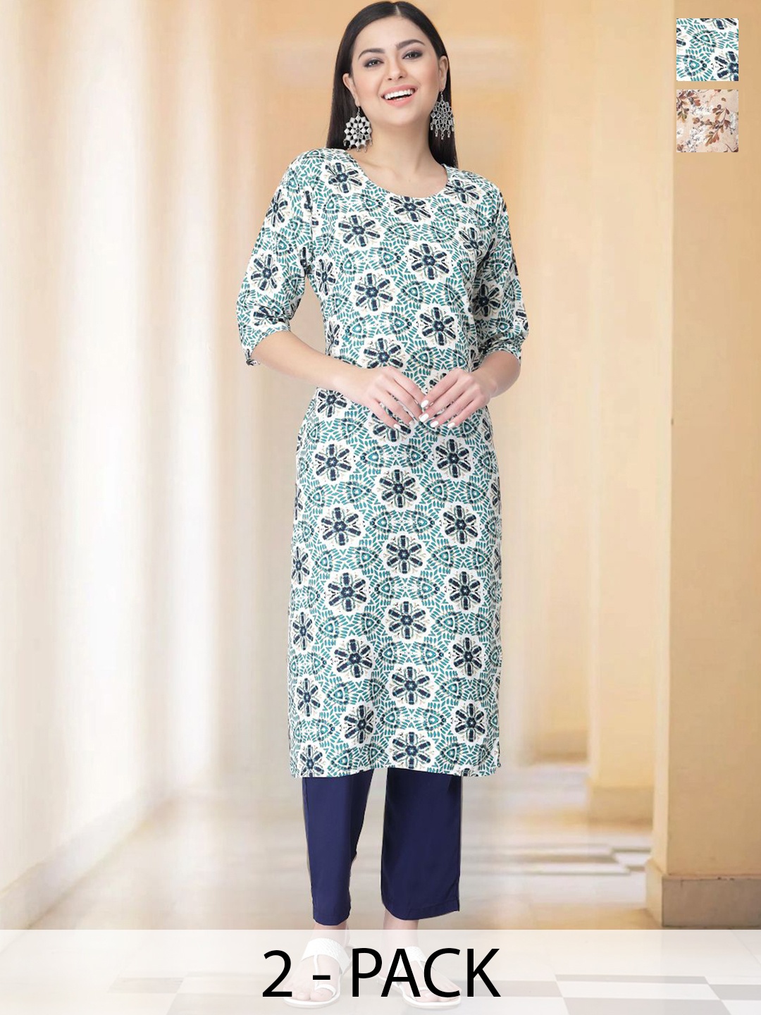 

7Threads Selection Of 2 Floral Printed Round Neck Straight Kurta With Trousers, Blue