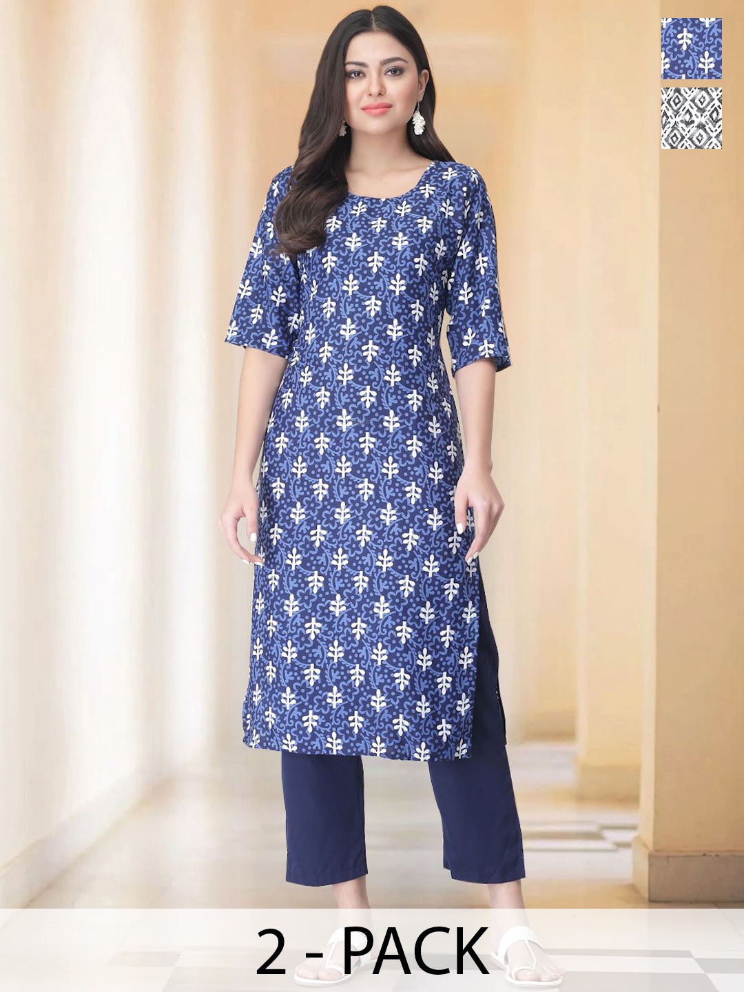 

7Threads Selection Of 2 Floral Printed Round Neck Straight Kurtas With Trousers, Blue