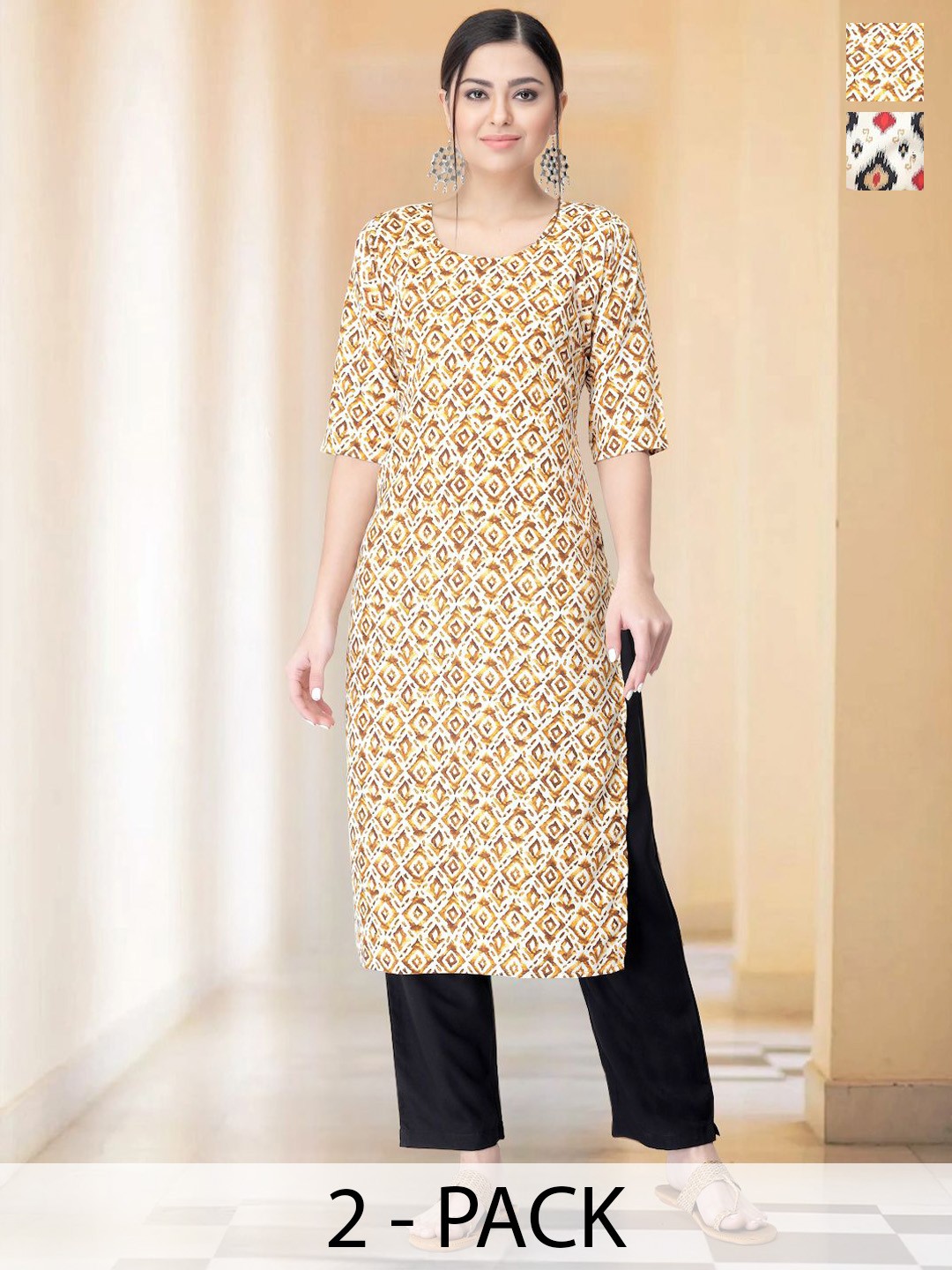 

7Threads Selection Of 2 Ethnic Motifs Printed Straight Kurtas With Trousers, Yellow