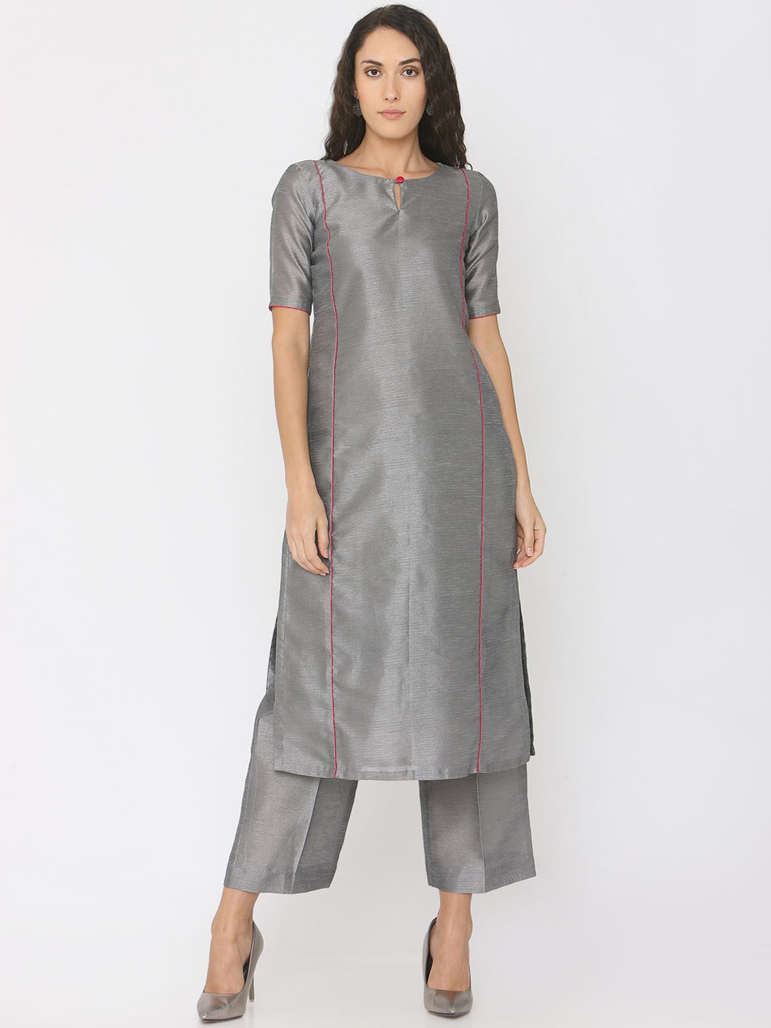 

SHADES OF FAASHION Keyhole Neck Straight Kurta With Trousers, Grey