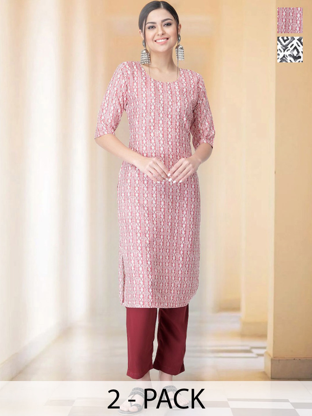 

7Threads Selection Of 2 Ethnic Motifs Printed Round Neck Straight Kurta With Trousers, Red