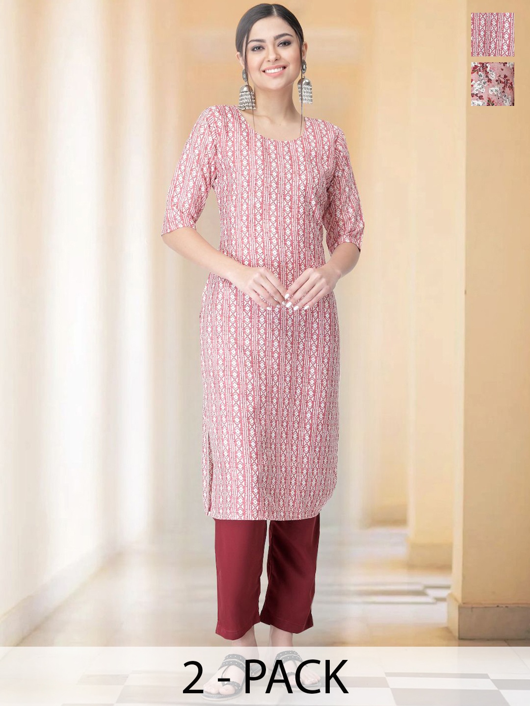 

7Threads Selection Of 2 Floral Printed Round Neck Straight Kurta with Trousers, Maroon