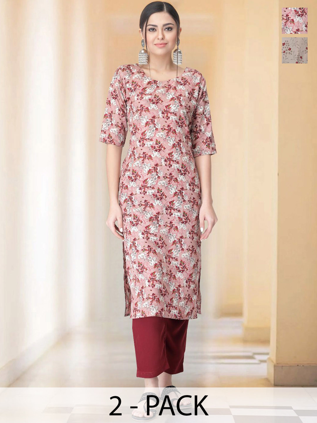 

7Threads Selection Of 2 Floral Printed Round Neck Straight Kurtas With Trousers, Pink