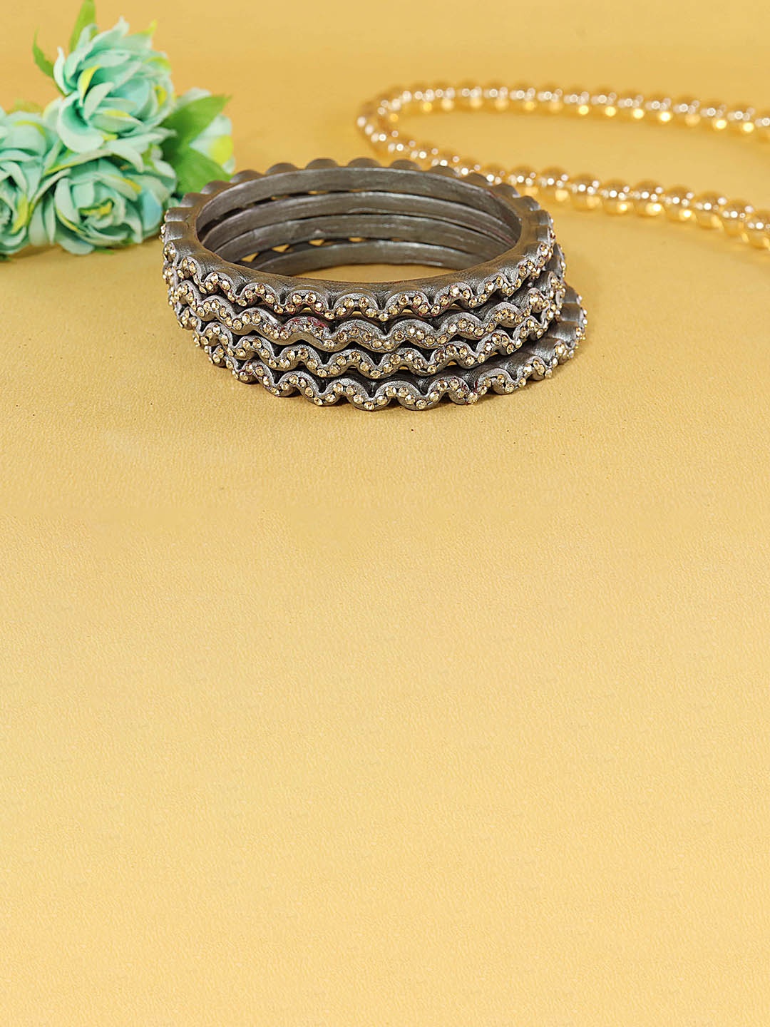 

ZULKA Set Of 8 Cubic Zirconia Studded Zig-Zag Design Kada Bangles, Grey
