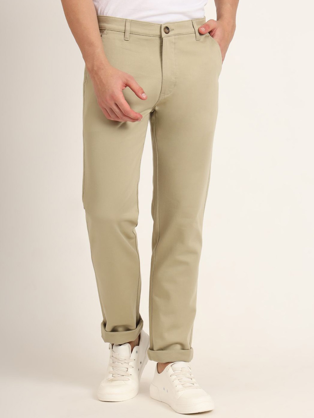 

AMSWAN Men Regular Fit Low-Rise Cotton Trousers, Khaki