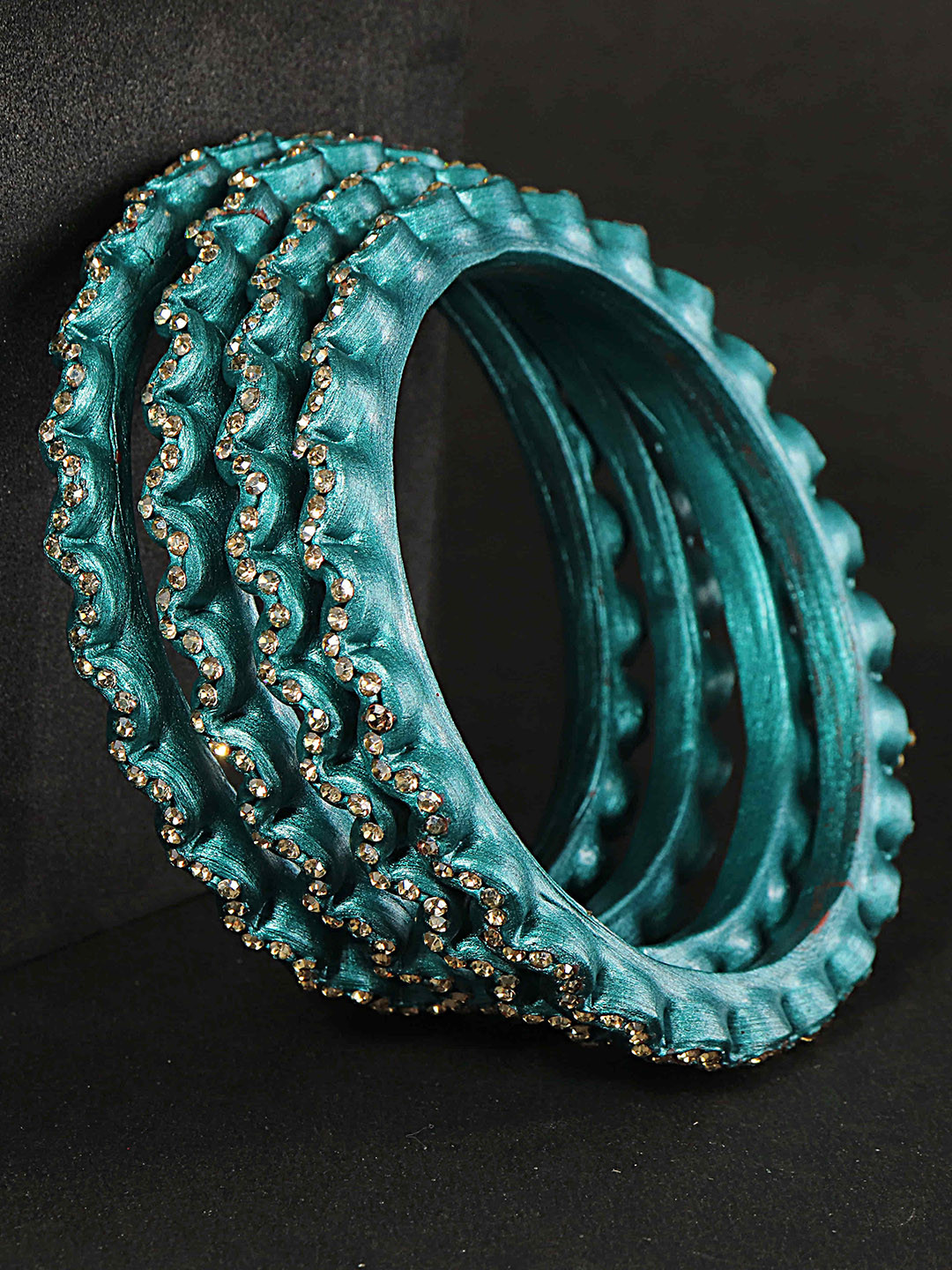 

ZULKA Set Of 8 Cubic Zirconia Studded Zig-Zag Design Kada Bangles, Teal