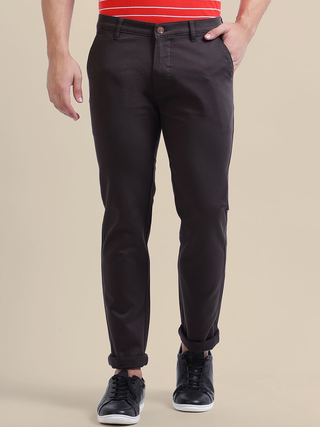 

AMSWAN Men Regular Fit Low-Rise Trousers, Black