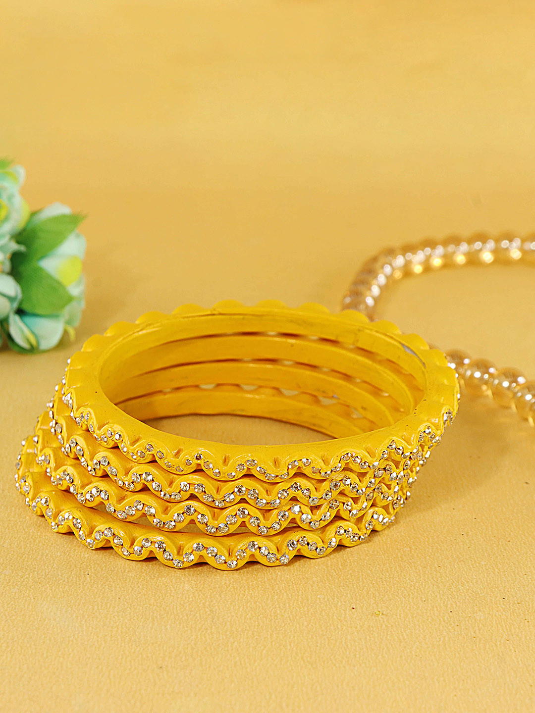 

ZULKA Set Of 8 Cubic Zirconia Studded Zig-Zag Design Kada Bangles, Yellow