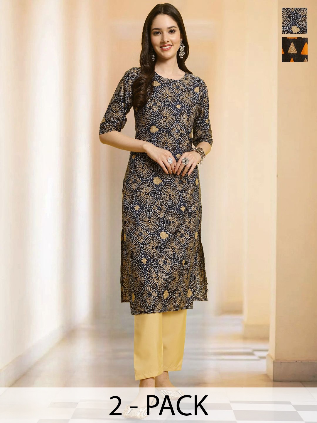 

7Threads Selection Of 2 Ethnic Motifs Printed Round Neck Straight Kurtas With Trousers, Navy blue