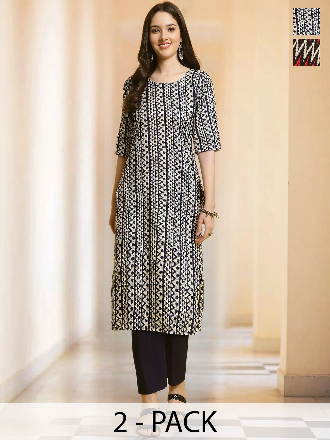 

7Threads Selection Of 2 Geometric Printed Round Neck Straight Kurta With Trousers, Black