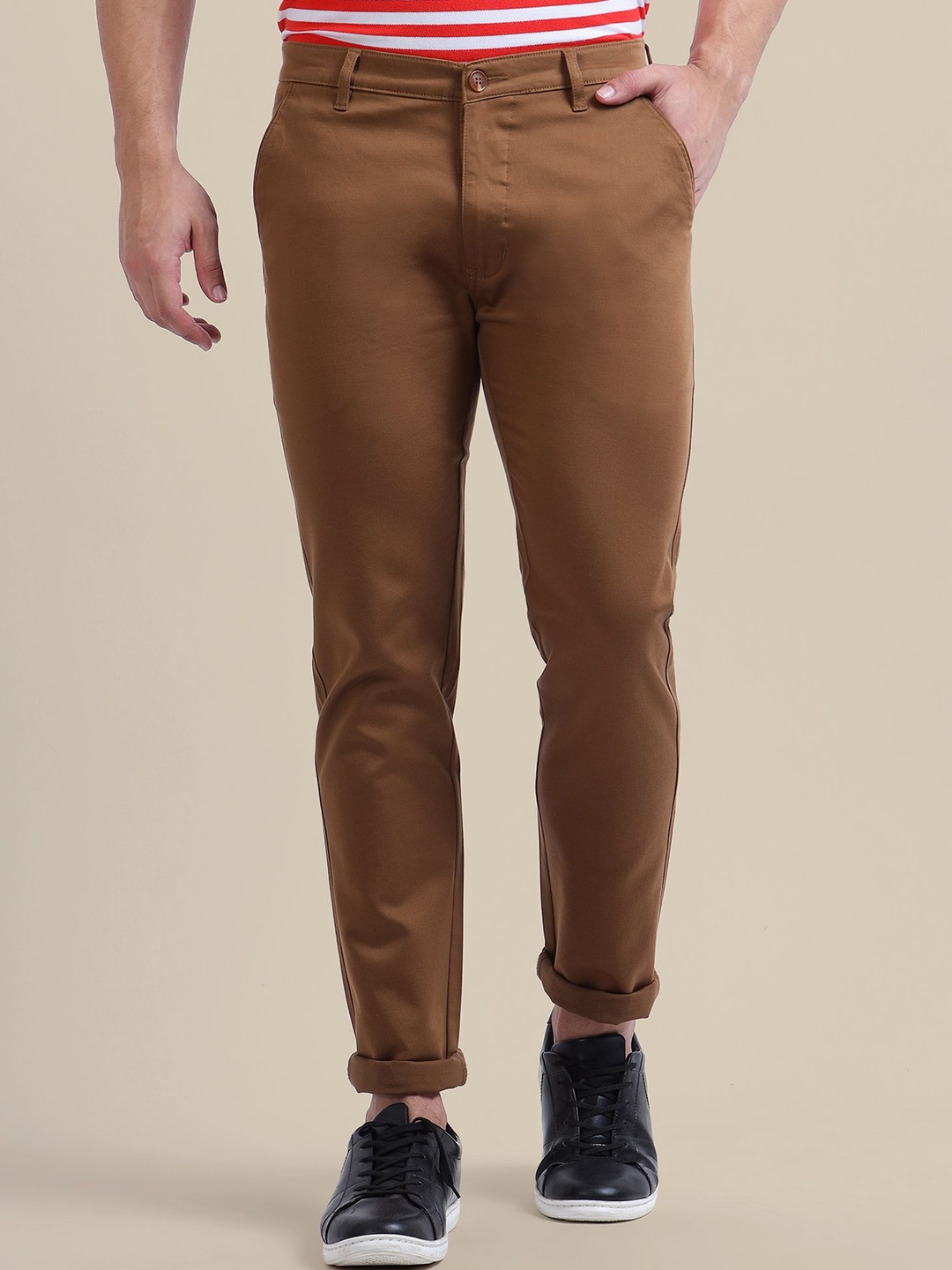 

AMSWAN Men Regular Fit Low-Rise Cotton Trousers, Brown