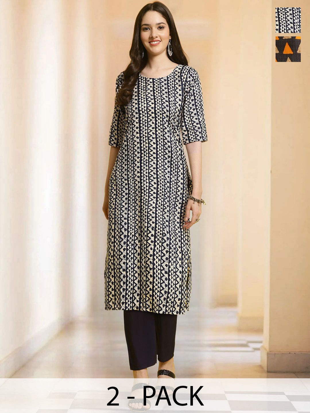 

7Threads Selection Of 2 Geometric Printed Round Neck Straight Kurtas With Trousers, Black