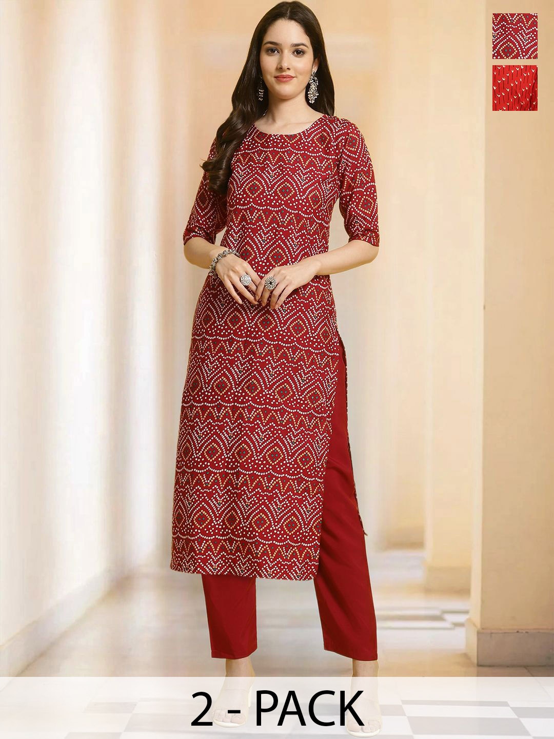 

7Threads Selection Of 2 Bandhani Printed Round Neck Straight Kurta With Trousers, Red