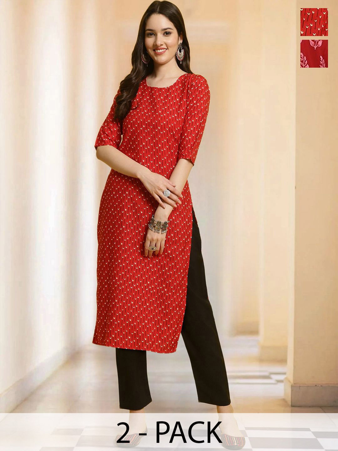 

7Threads Selection Of 2 Floral Printed Round Neck Straight Kurta With Trousers, Red