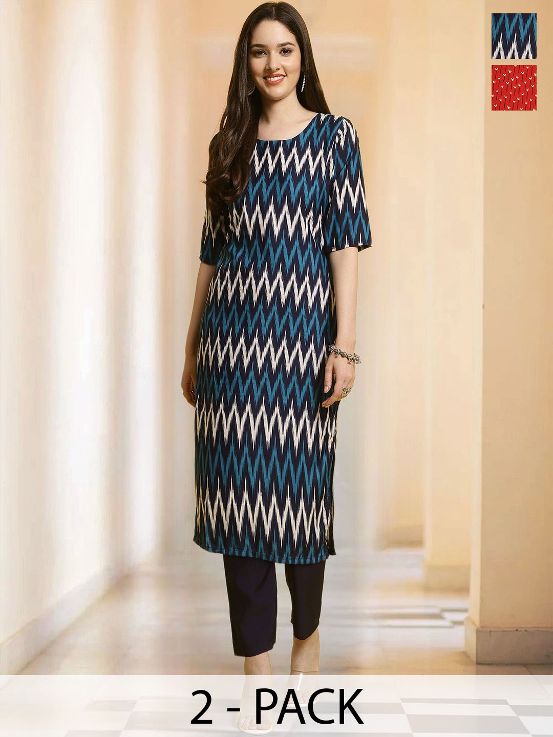 

7Threads Selection Of 2 Chevron Printed Round Neck Straight Kurtas With Trousers, Black