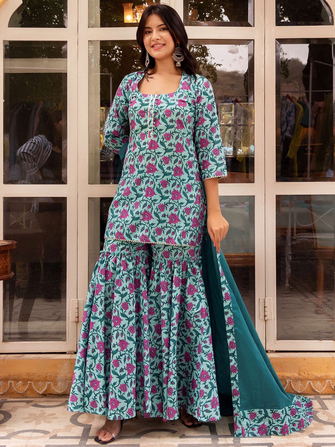 

Pomcha Women Floral Printed Gotta Patti Pure Cotton Kurti With Sharara And Dupatta, Blue