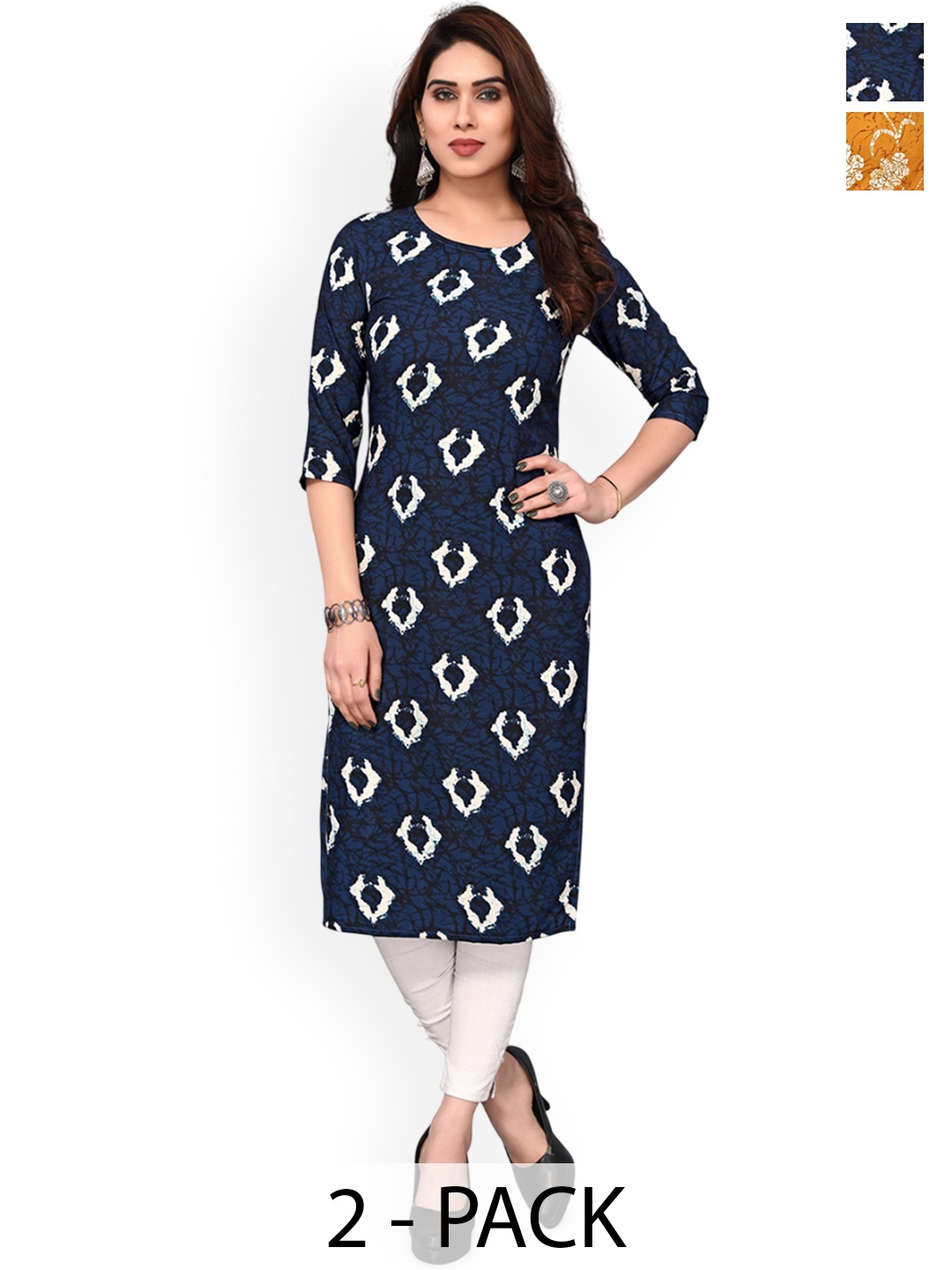 

KETAKI FASHION Selection Of 2 Floral Printed Round Neck Straight Kurtas, Navy blue