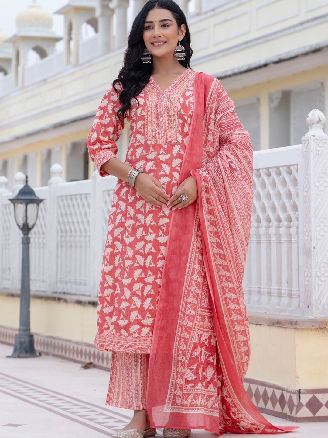 

Kohsh Floral Printed Beads And Stones Pure Cotton Anarkali Kurta With Palazzo And Dupatta, Peach