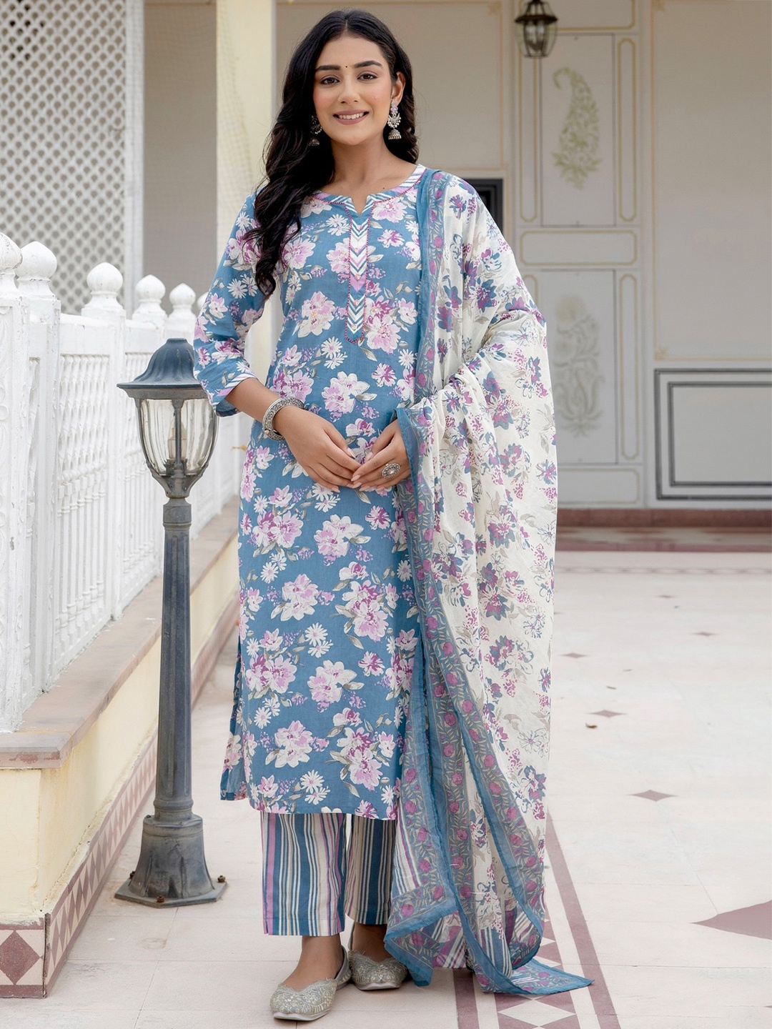 

Kohsh Floral Printed Beads And Stones Pure Cotton Straight Kurta With Trouser And Dupatta, Grey